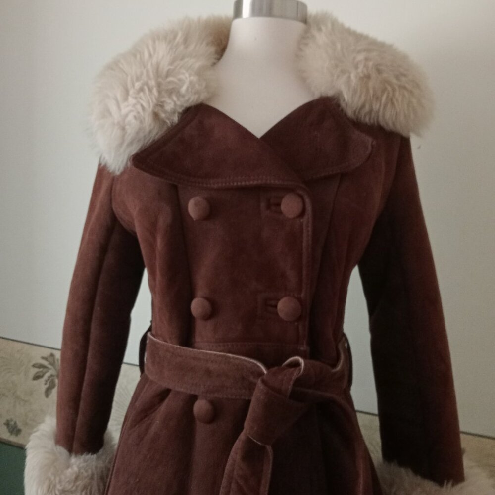 True Vintage 60s 70s Penny Lane Faux Suede Fur Princess Coat Brown - Picture 3 of 6
